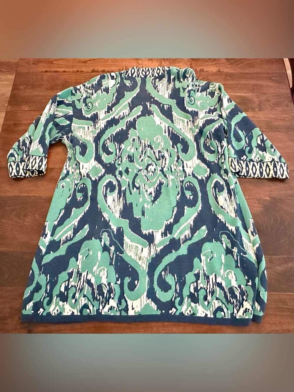 🌟 Soft Surroundings Teal & Navy Open-Front Patterned Sweater - Picture 5 of 5